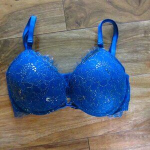 Victoria's Secret Blue & Gold BOMBSHELL Add 2 Cups Padded Plunge Bra size 34B